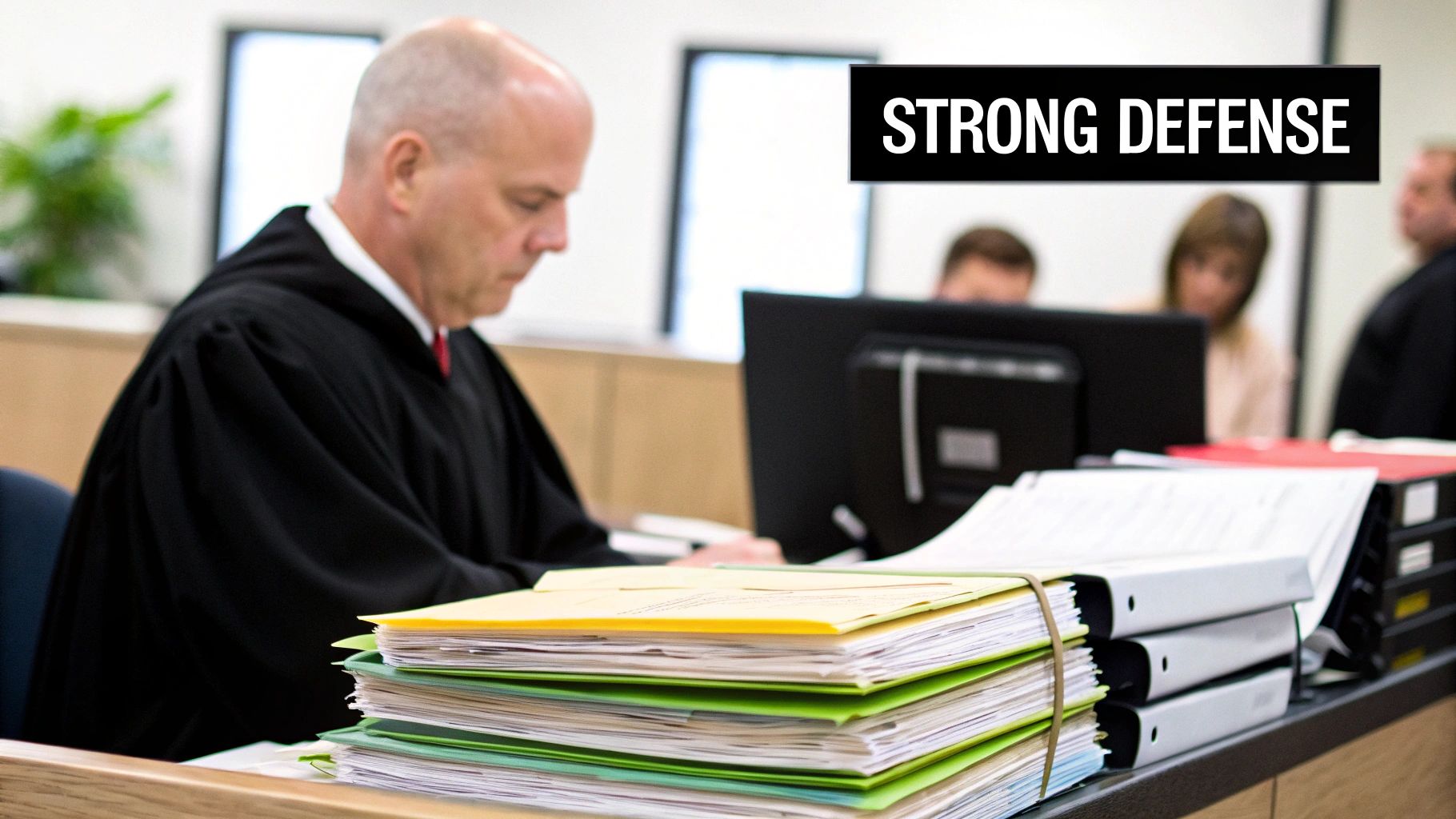 Defense attorney in courtroom reviewing case files with legal documents stacked on desk