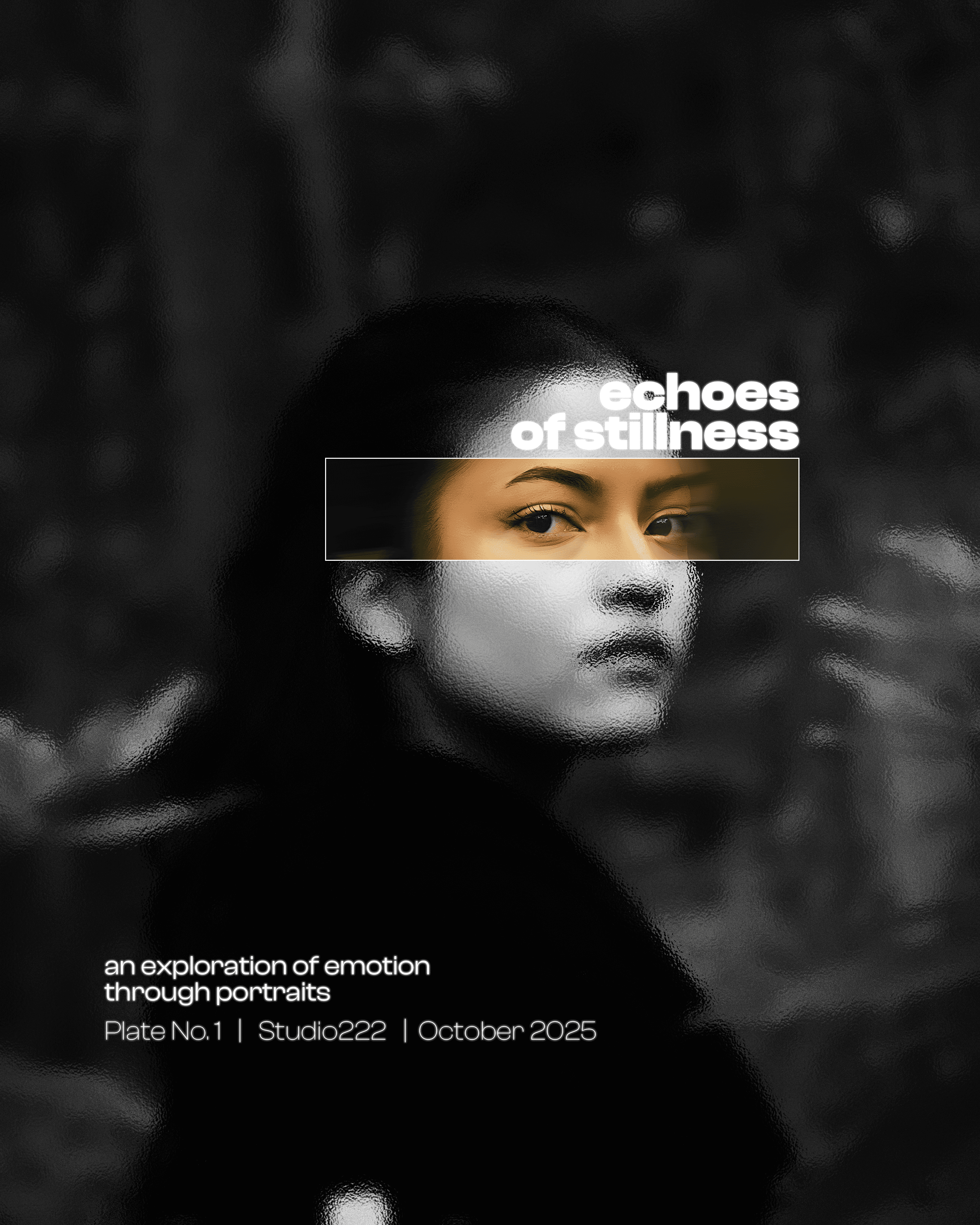 Black and white portrait of a woman standing in a forest, with her eyes highlighted through a blurred rectangular overlay, creating a cinematic and introspective mood.