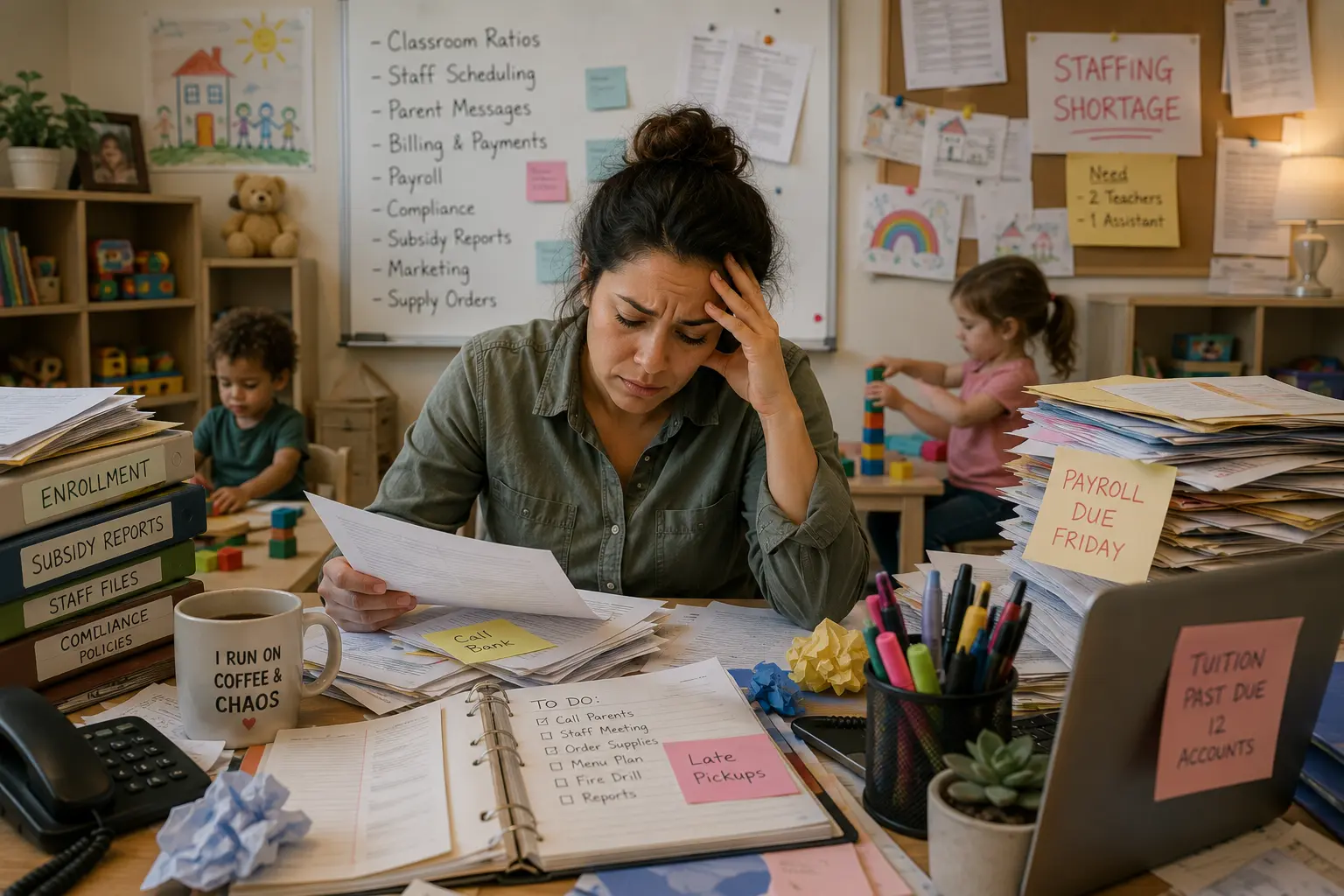 a daycare director holds her head in her hands while staring at paperwork on her desk while children play behind her