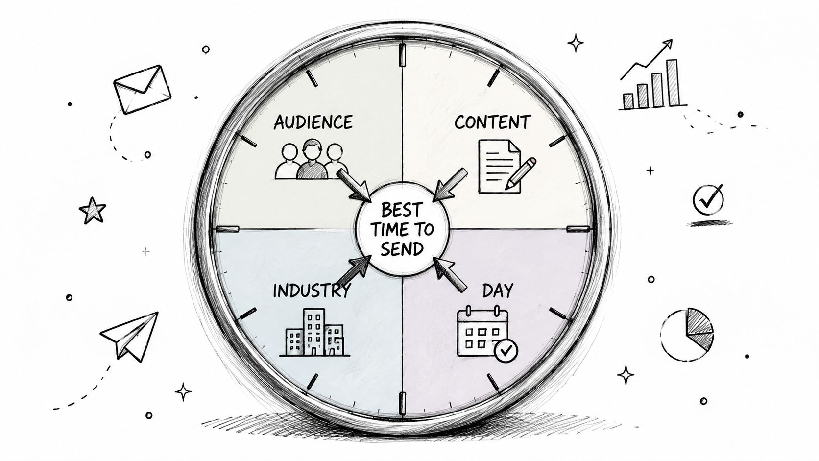 A hand-drawn clock illustration showing factors like audience, content, industry, and day for timing emails.