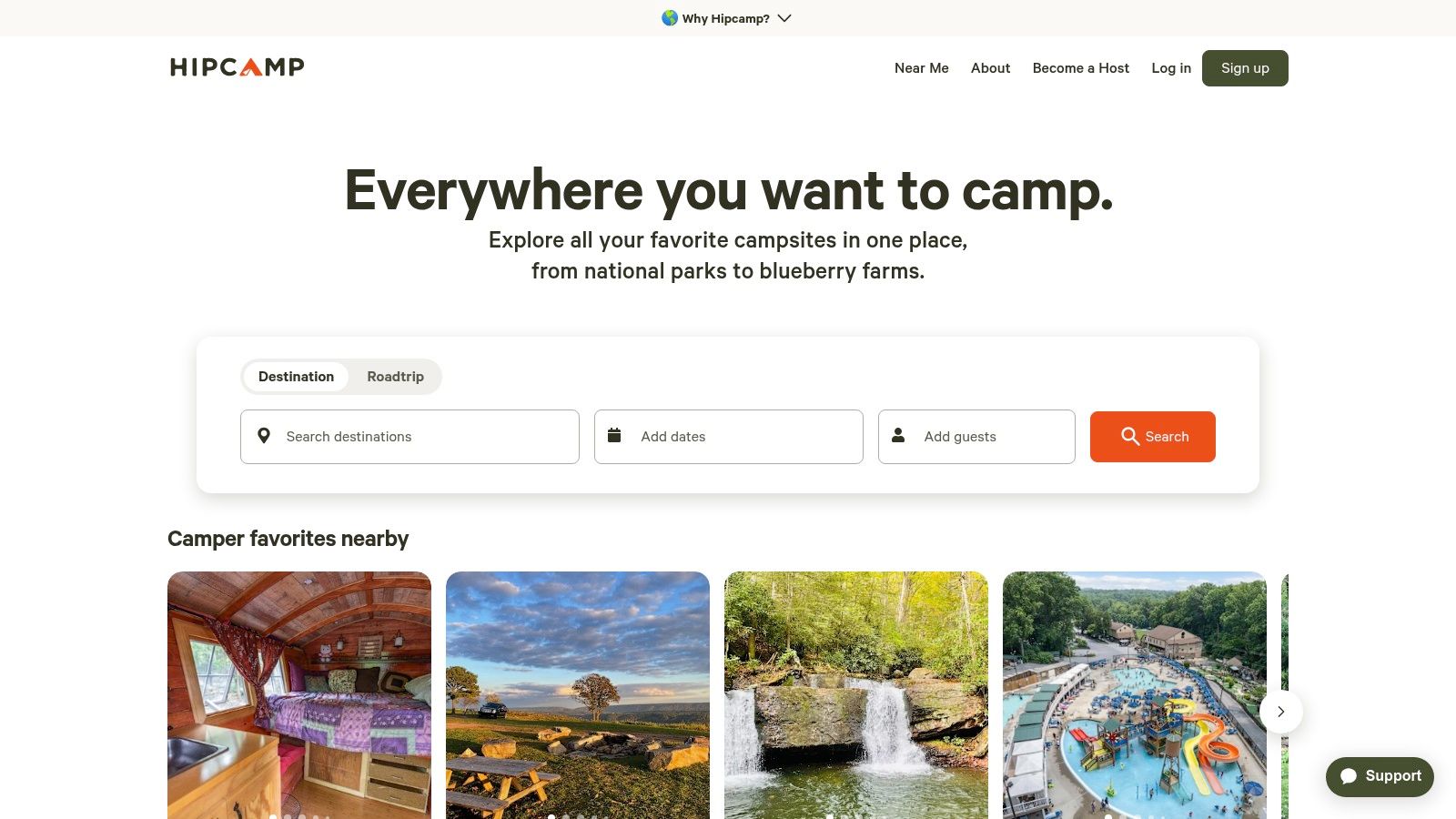 Hipcamp camping website interface showing a map and listings for campsites.