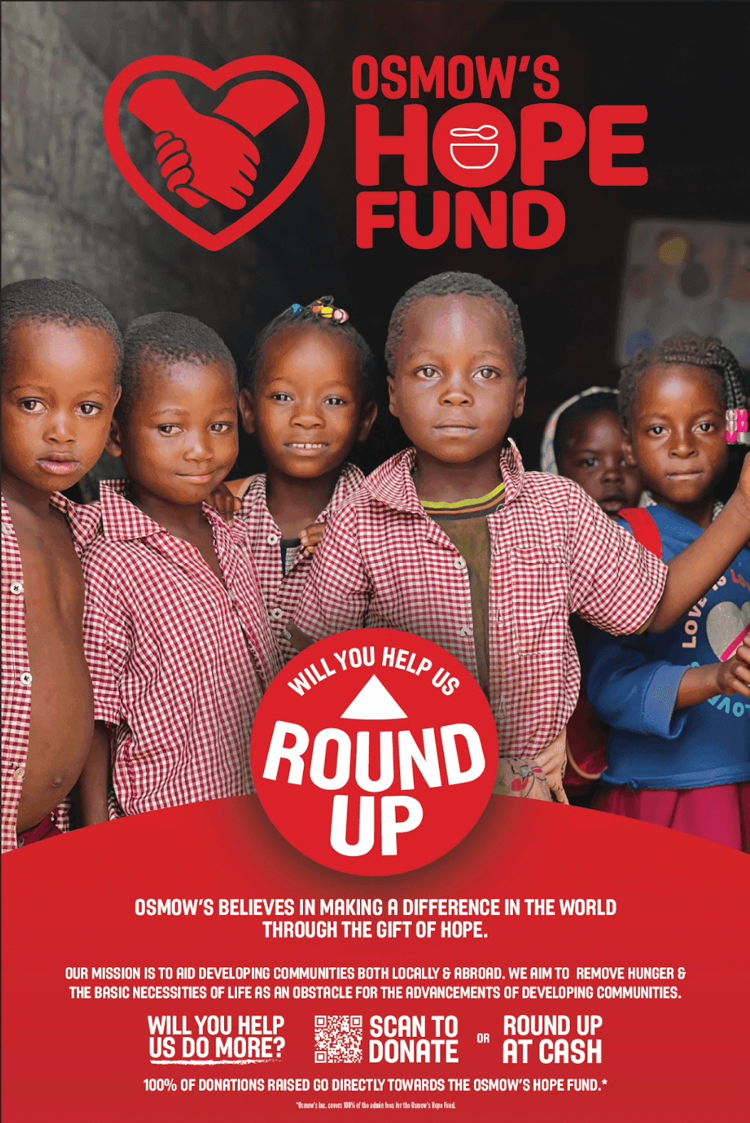 Group of school children smiling — Osmow's Round Up for Hope campaign asking customers to round up their total to donate meals