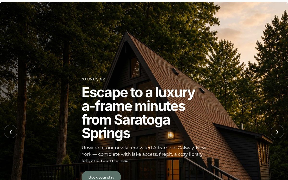 The A Frame of Mind homepage, showing an A-frame cabin at dusk