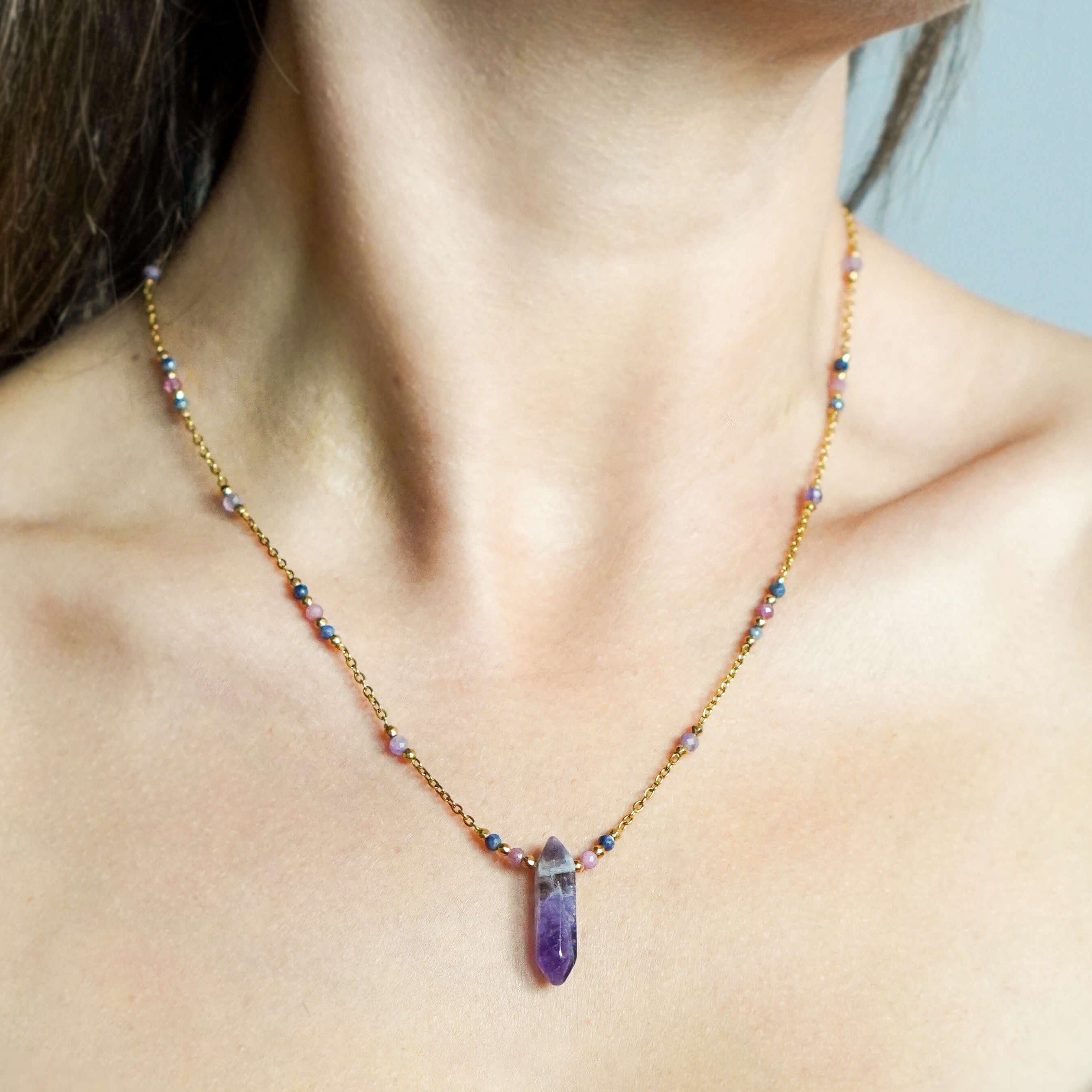 Naszyjnik Ścieżki Duszy z soplem z ametystu, turmalinem i szafirem