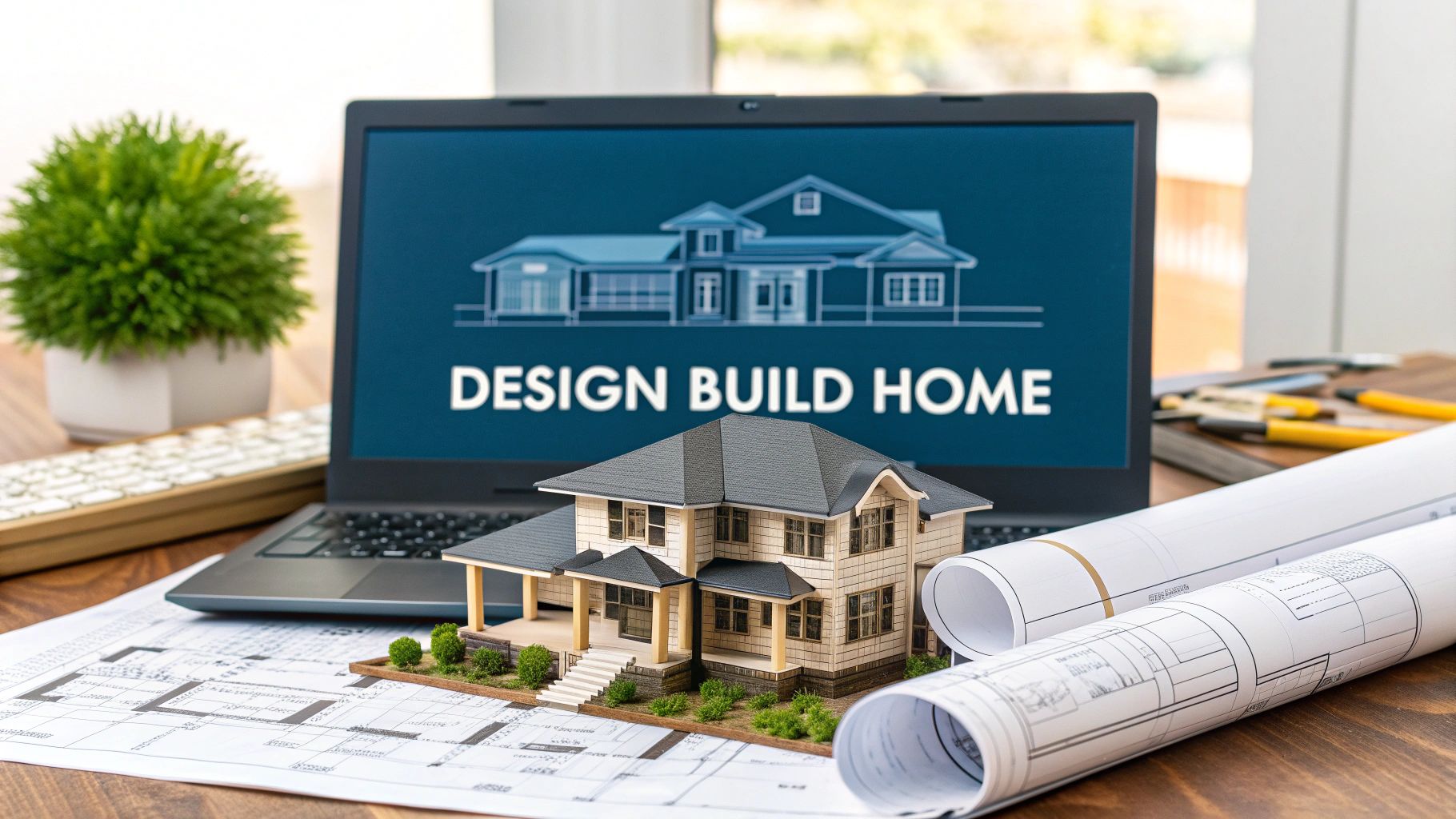 a computer on a desk displaying a home blueprint and the text 'design build home' next to a model home