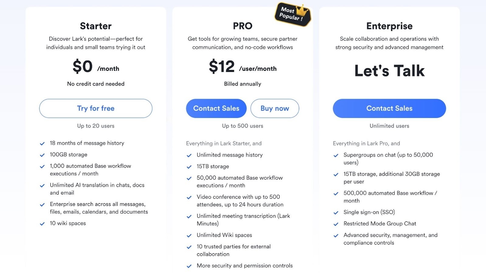 Lark's pricing plans