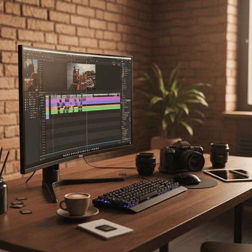 Édition vidéo sur ordinateur moderne avec matériel de photographie sur bureau en bois.