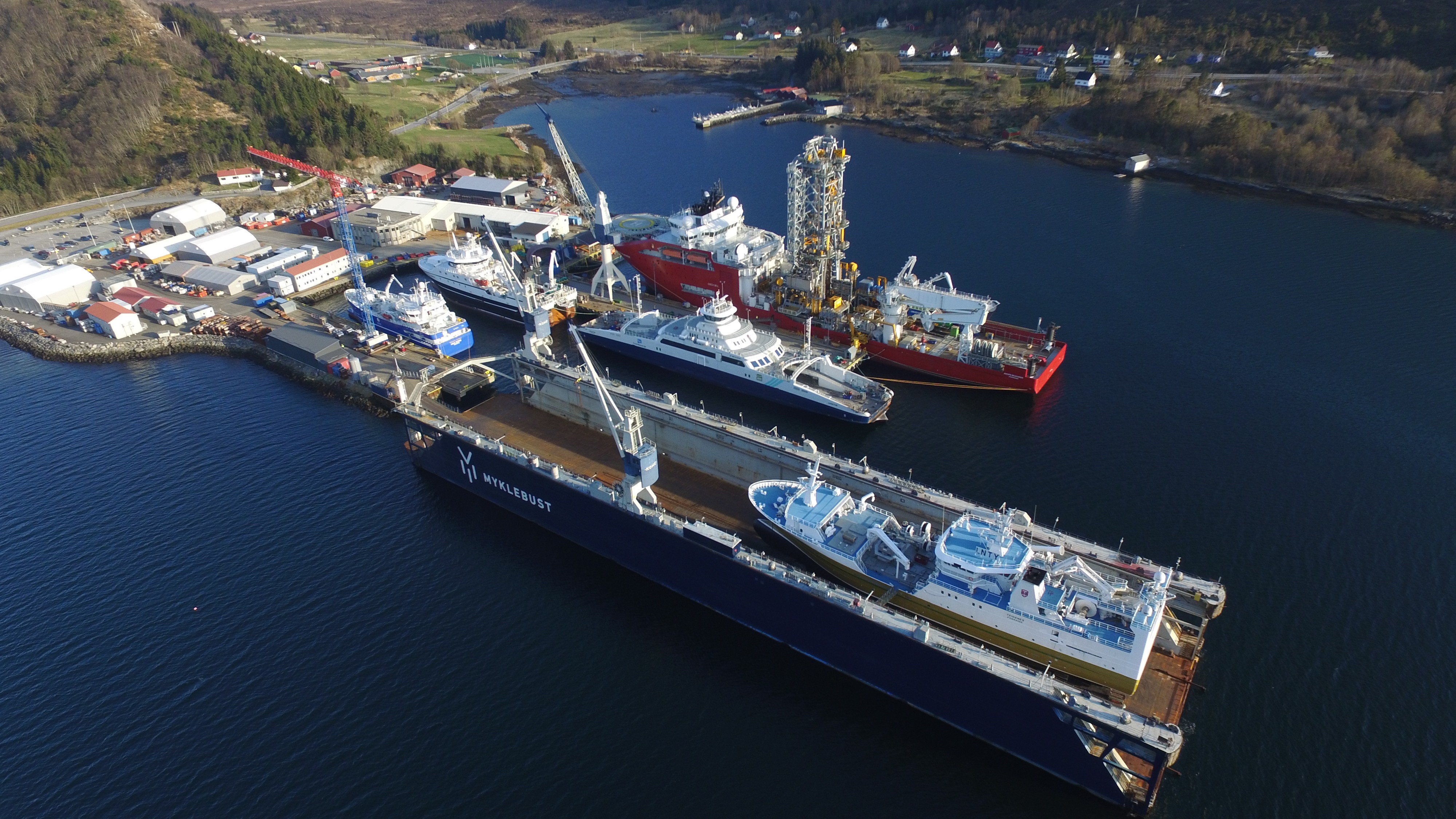 Aerial view of cargo ships docked in a harbor with calm waters and surrounding hills.