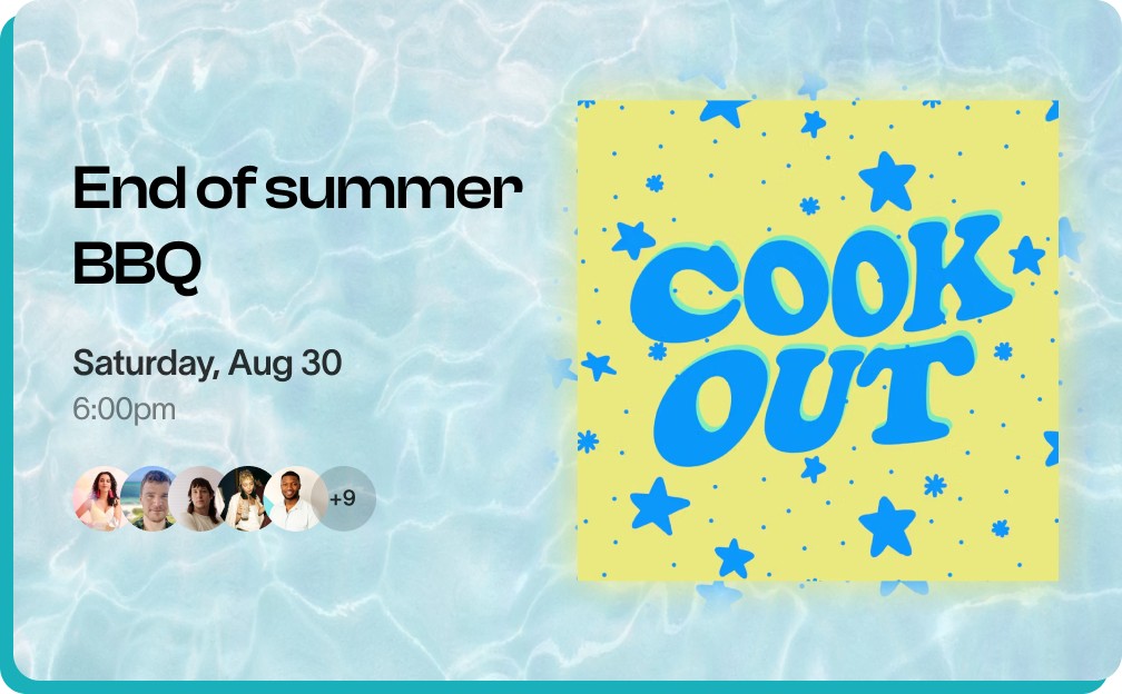 A colorful invitation for a BBQ event titled "Cook Out," featuring playful text and a vibrant background.