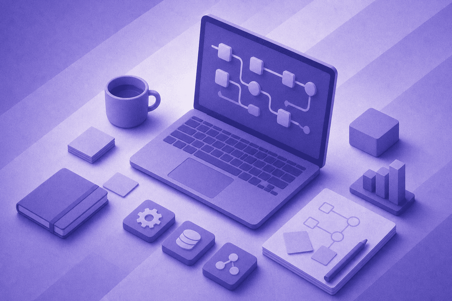 A top-down flat lay view of a modern tech workspace showing a laptop with colorful data flow diagrams on screen, surrounded by sticky notes, a coffee cup, a notebook with diagrams, and various icons representing automation workflows, database connections, and pipeline charts — warm lighting, clean minimal aesthetic, blue and teal color palette