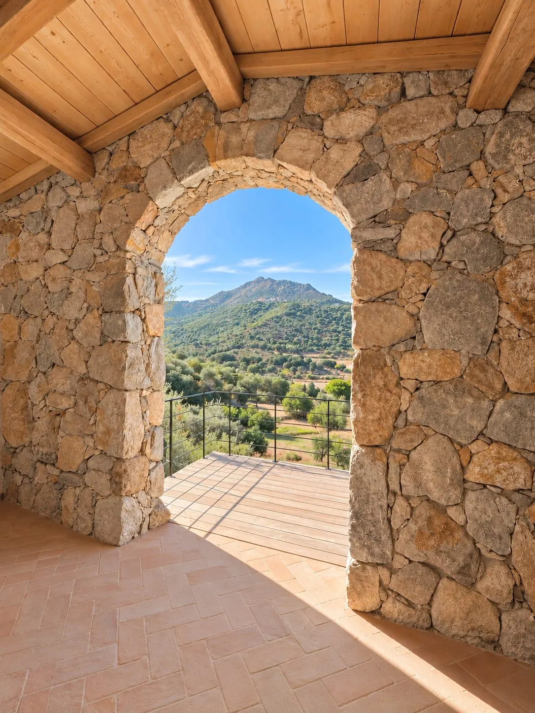 Sol en terre cuite posé en chevrons sous une arche en pierre, ouverte sur une terrasse face aux collines de Balagne