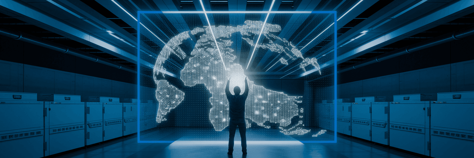 Engineer interacting with holographic network state map.