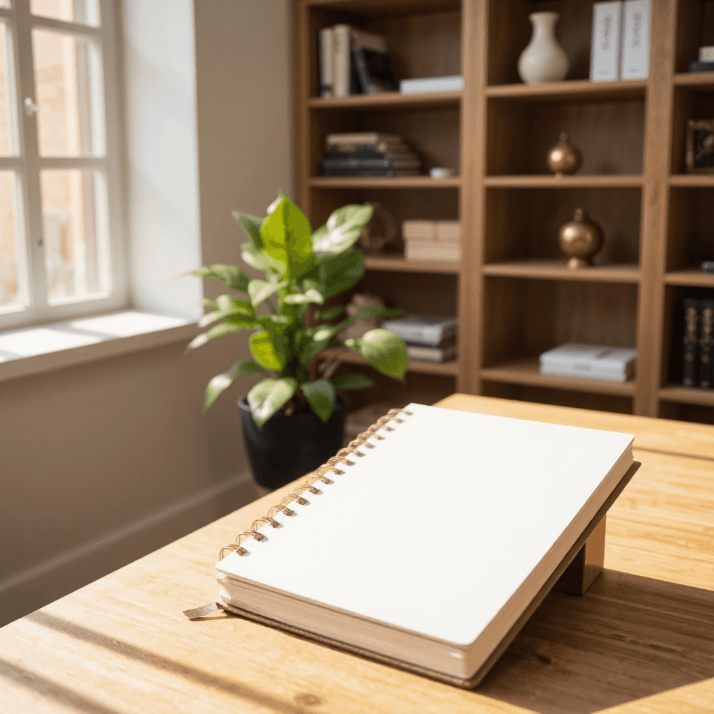 product photography of a notebook with a decorative cover and blank pages for writing