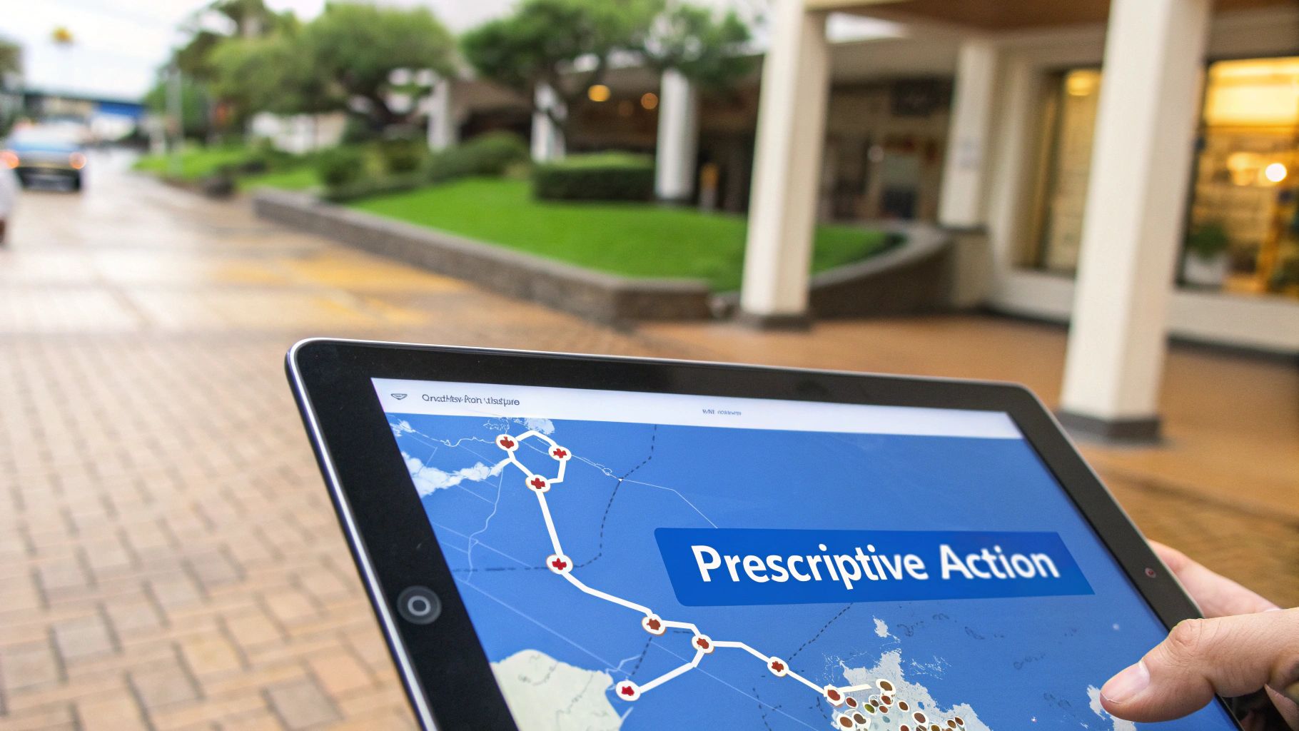 A person holds a tablet displaying a map with a route and 'Prescriptive Action' text.