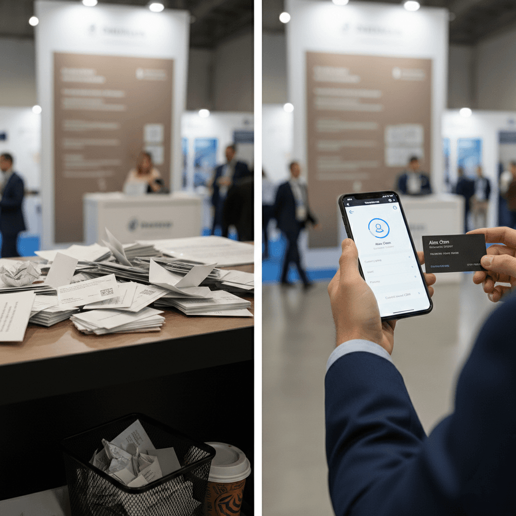 Trade show networking scene showing paper business cards being digitized into CRM-ready leads using Habsy business card scanner app.