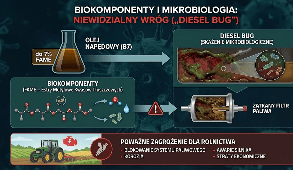 Infografika pokazująca, jak biokomponenty w oleju napędowym B7 sprzyjają powstawaniu skażenia mikrobiologicznego („Diesel Bug”), prowadzącego do zatykania filtrów, korozji układu paliwowego i awarii maszyn rolniczych.