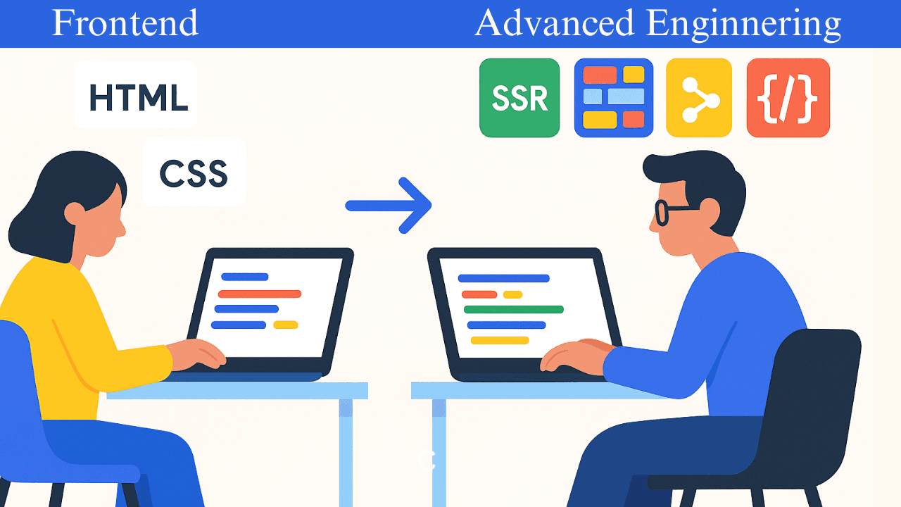 Modern flat illustration showing a simple HTML/CSS developer contrasted with an advanced frontend engineer using SSR, code-splitting, and frameworks.