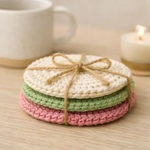 handmade crochet coaster set in soft pastel colors for cozy home