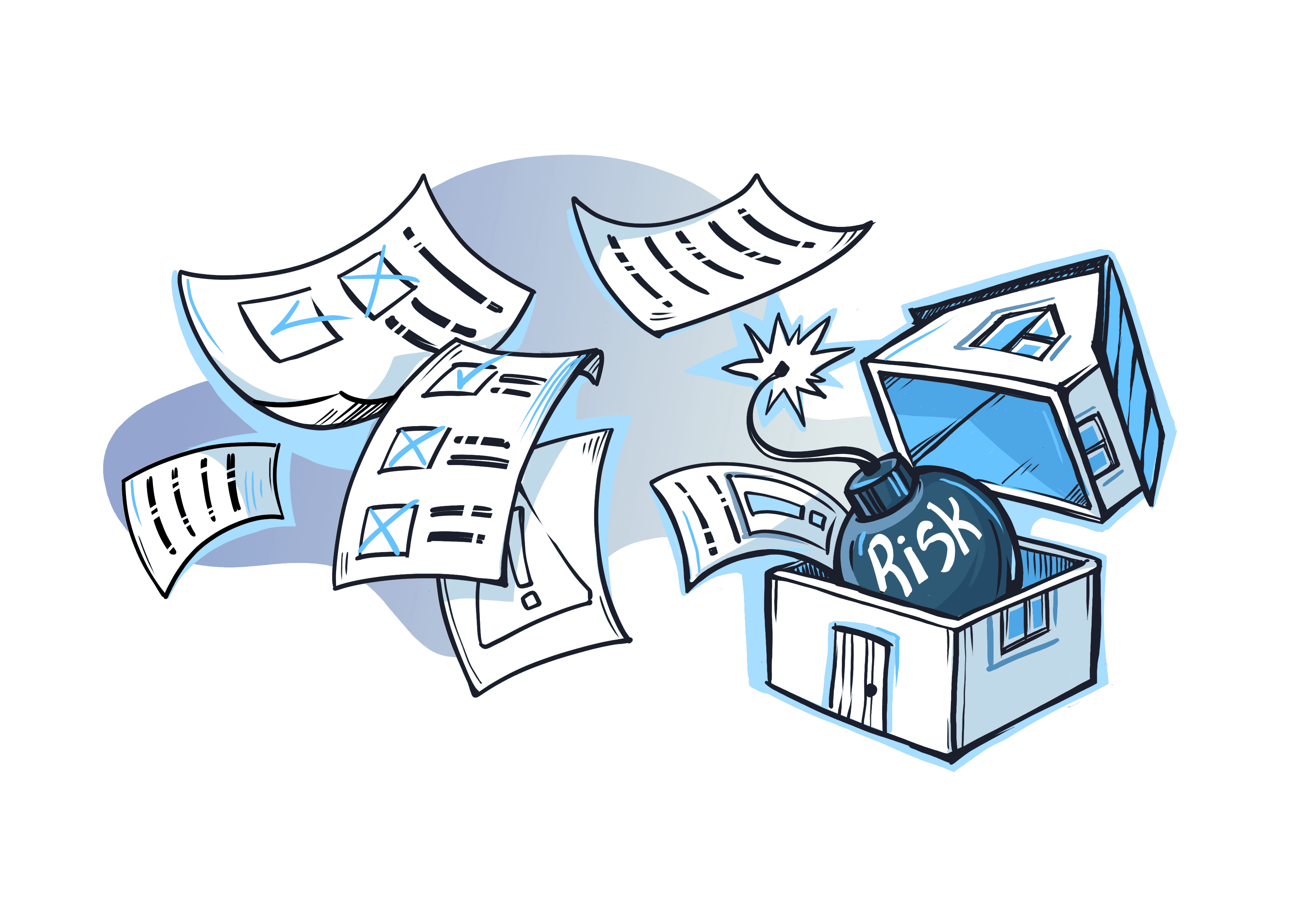 Illustration of documents flying out of a house with a hidden risk bomb inside