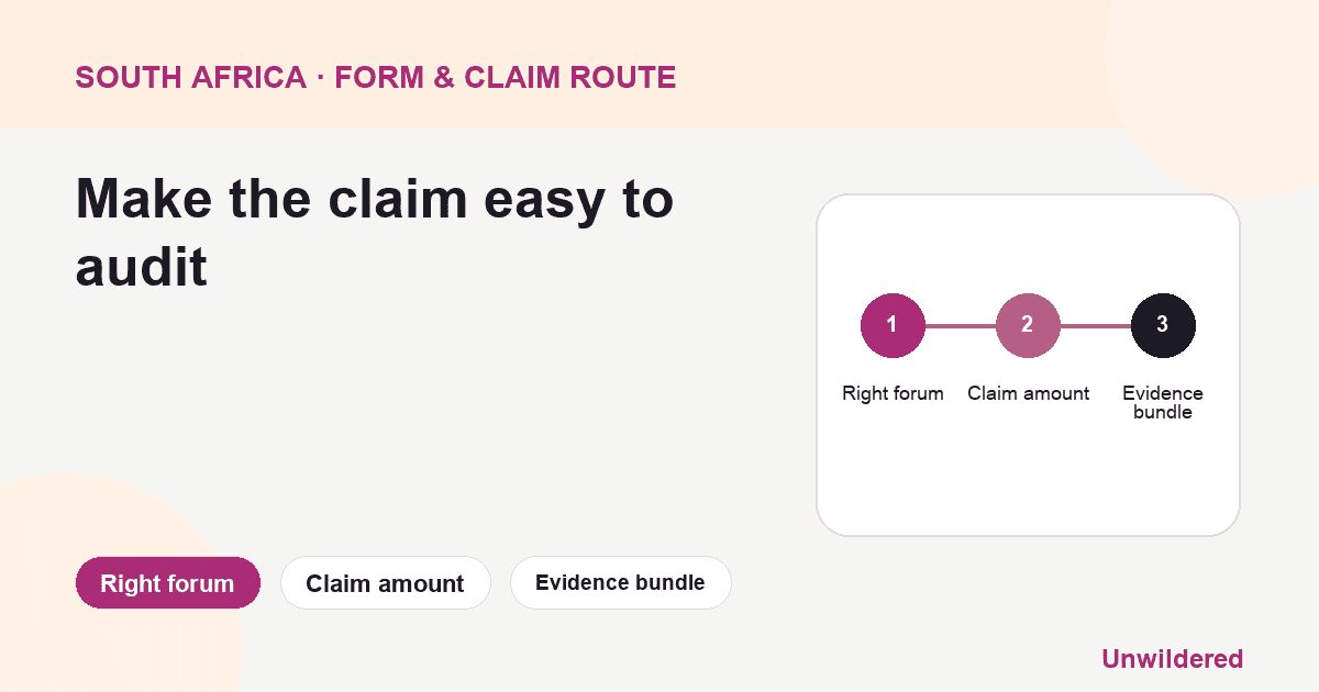 Process diagram for South Africa Sca Leave Appeal Civil: Right forum, Claim amount, Evidence bundle.