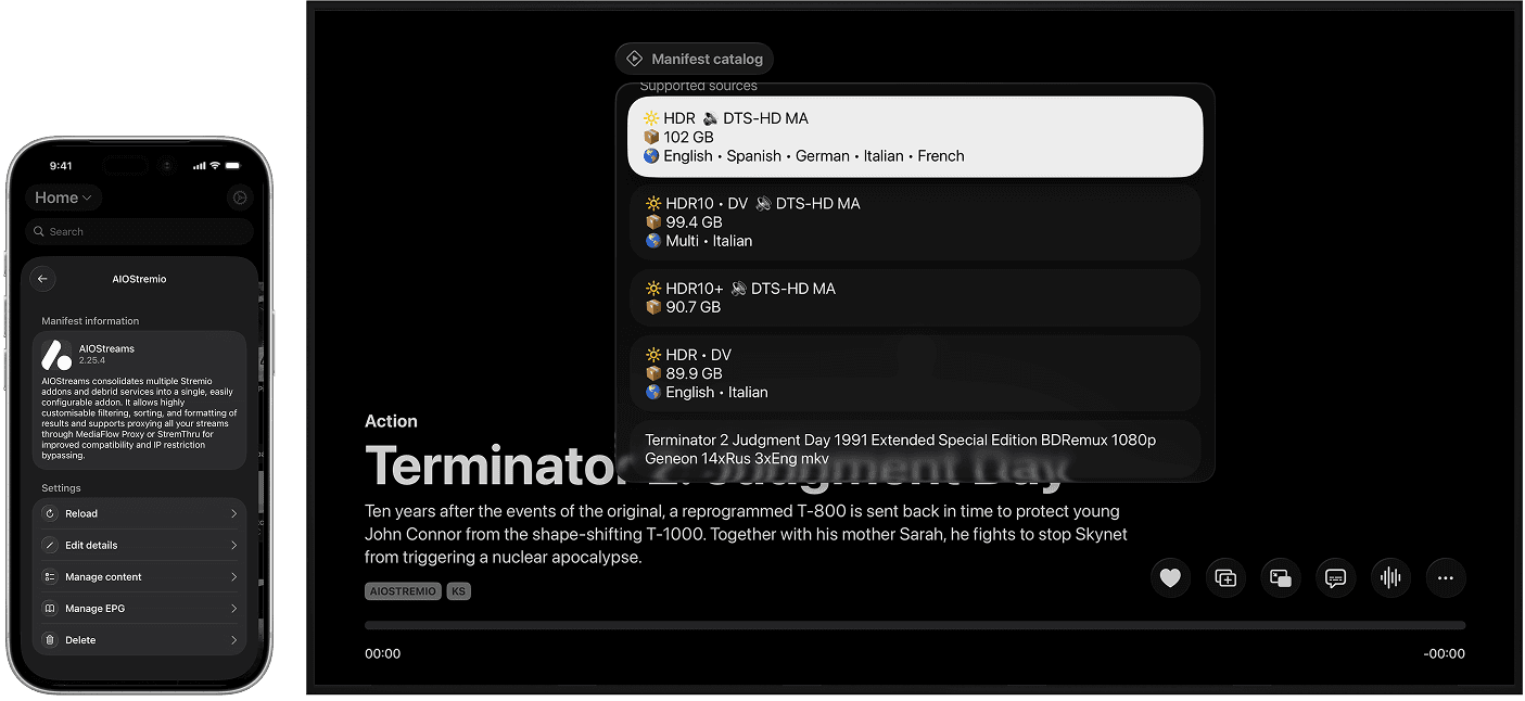 UHF Stremio support shown on iOS and Apple TV