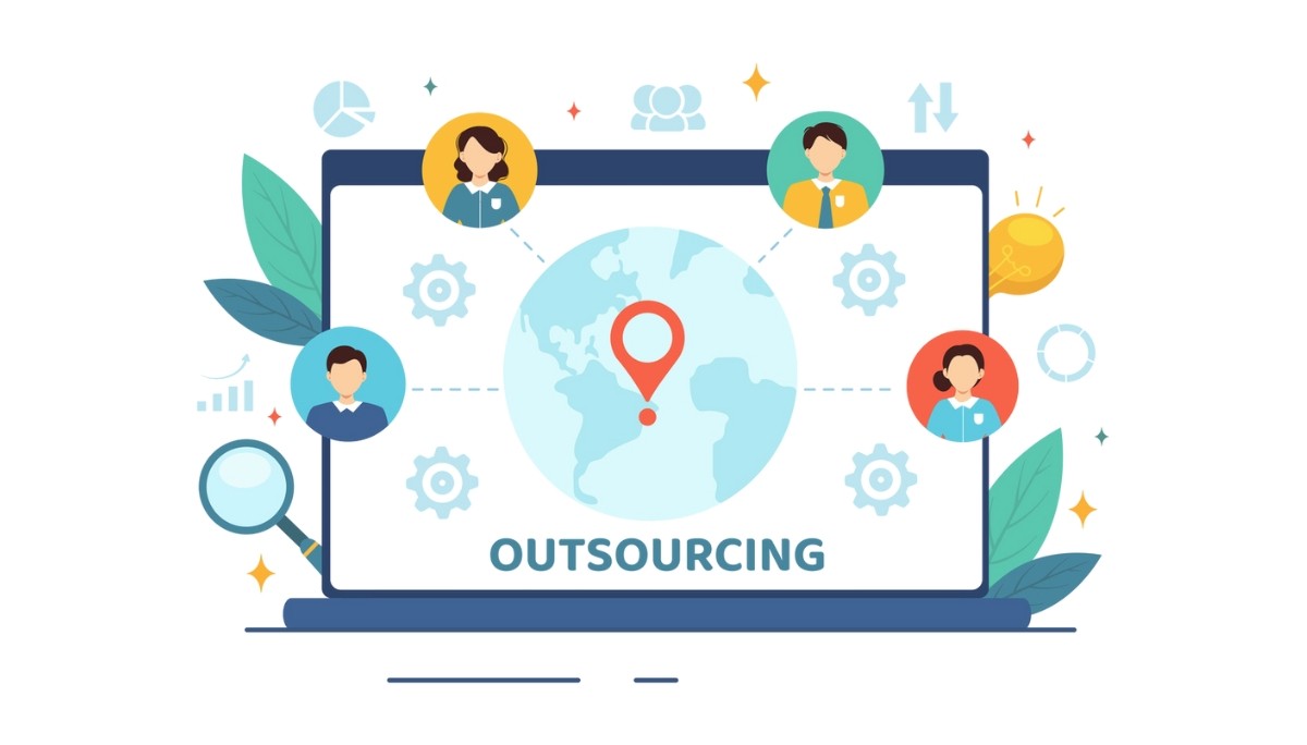 Illustration of a global outsourcing network with remote team members connected to a central hub on a world map.