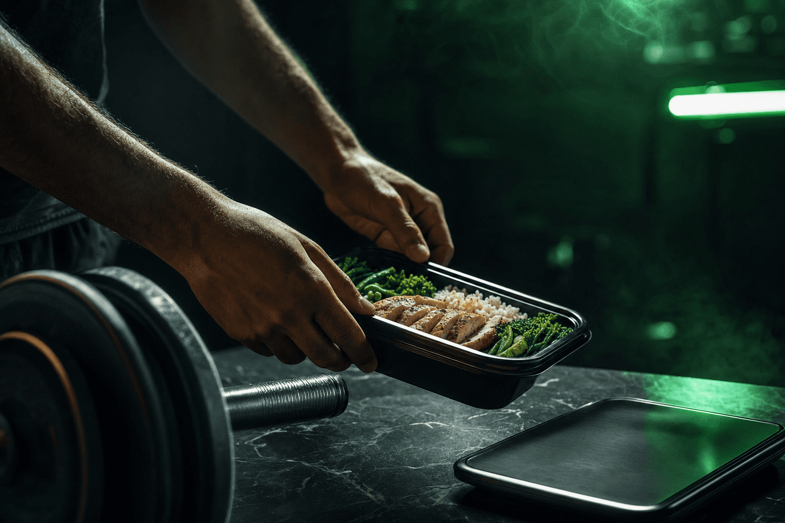 Lifter loading a protein-rich meal prep container beside a barbell in a dark kitchen with an emerald-green accent