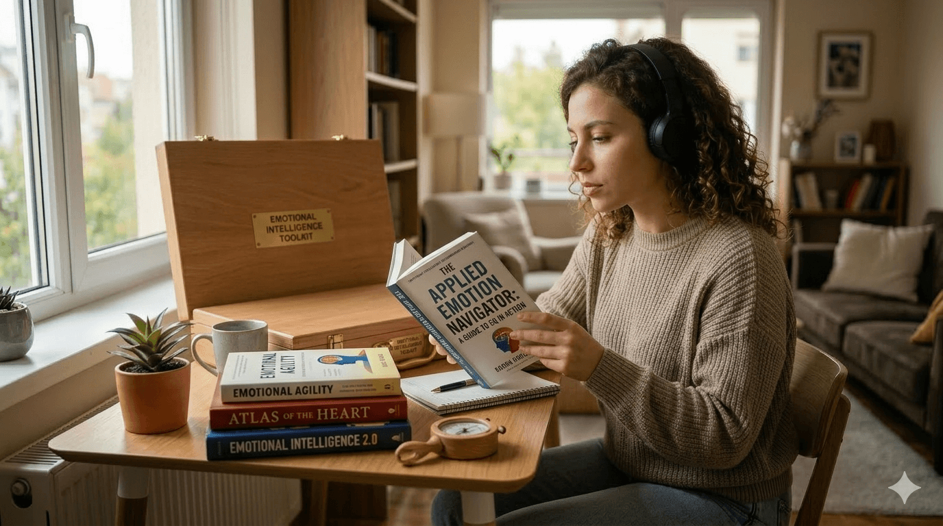 A woman wearing headphones studying 'The Applied Emotion Navigator' book from an 'Emotional Intelligence Toolkit' for trustedcommitment.com, featuring supplementary books like 'Emotional Agility' and 'Atlas of the Heart' on a wooden desk