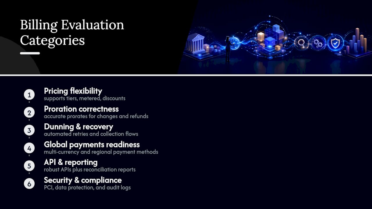 Diagram of subscription billing solution evaluation categories