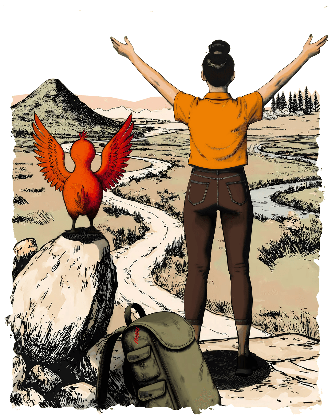 Woman raising arms beside bird at crossroads, symbolising law firm website design and new growth paths.