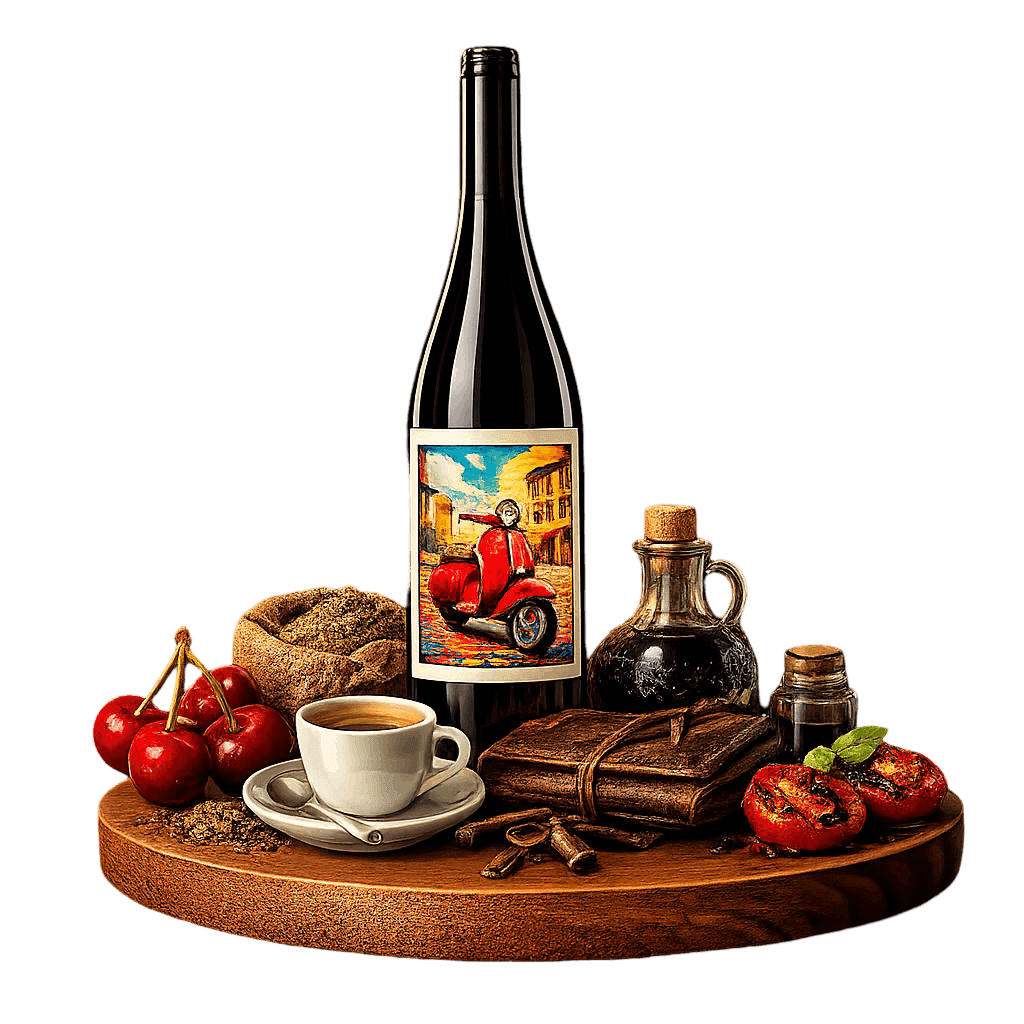 Artistic label and flavor profile for Central Italy Sangiovese on a rustic wooden table.