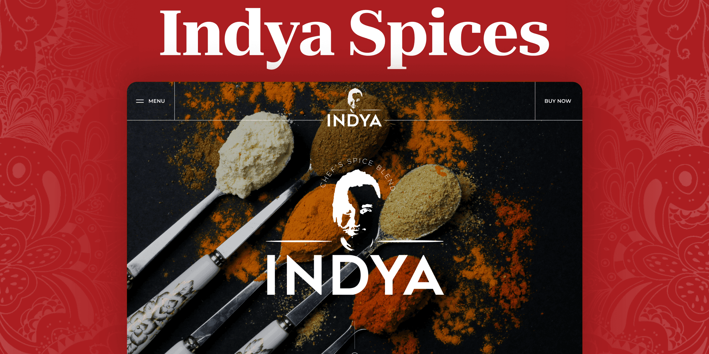 "Indya Spices branding featuring colorful Indian spice powders on spoons, with the Indya logo and the face of Chef Vineet Bhatia. Premium Indian spice blends for culinary enthusiasts."
