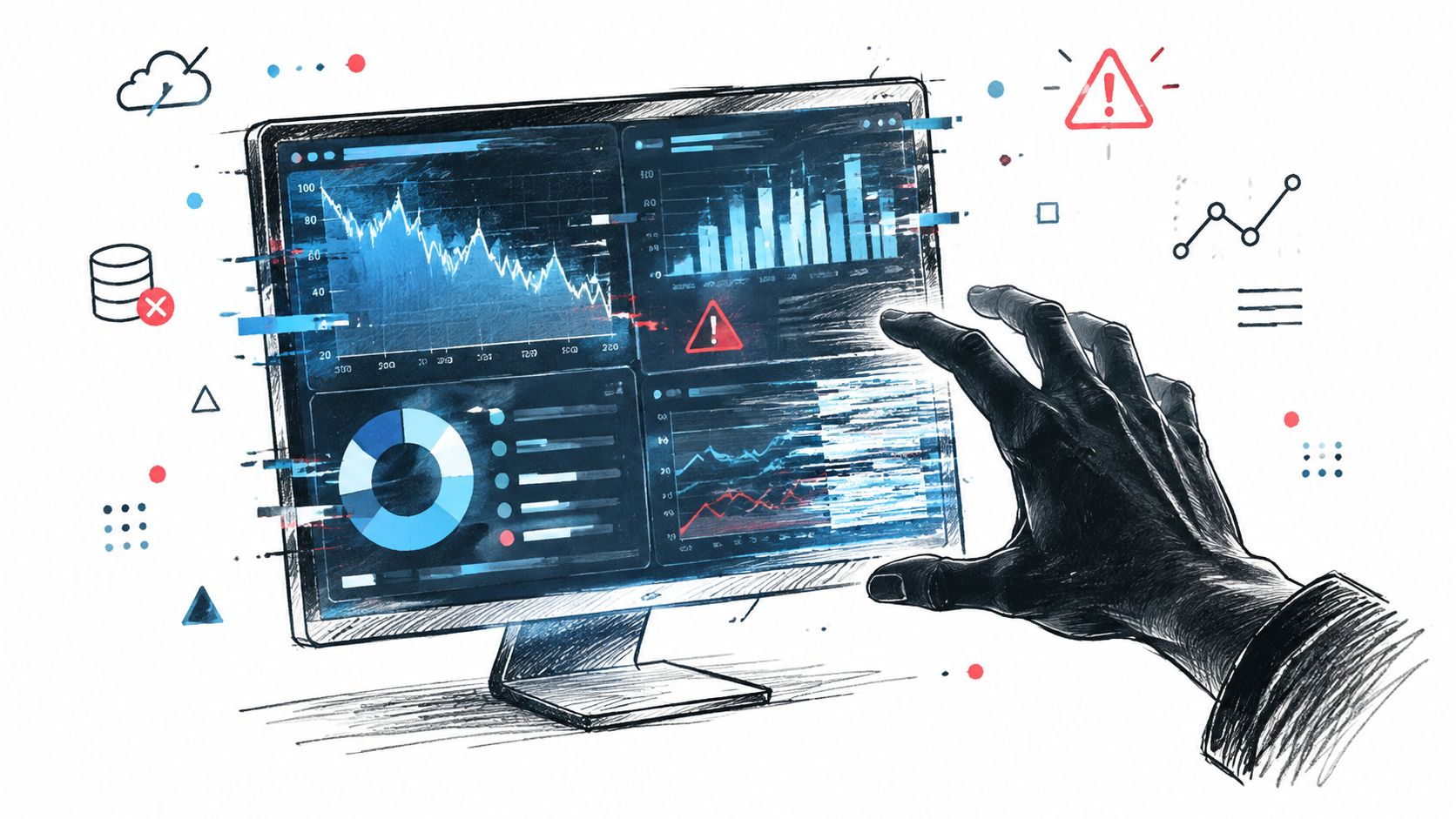 A digital illustration showing a hand reaching towards a computer monitor displaying various data analytics and dashboards.