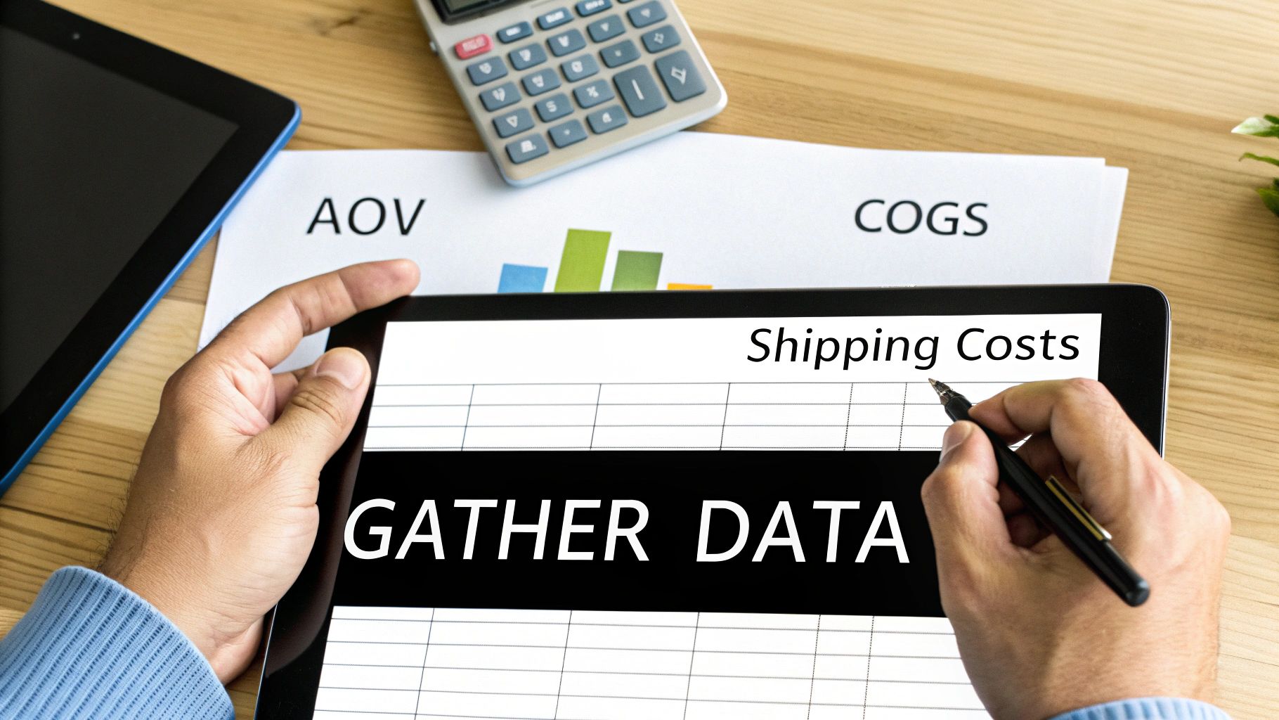 A person uses a tablet to gather data on shipping costs, with financial terms AOV and COGS visible.