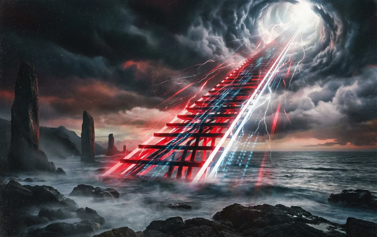 RockN' Socials: Futuristic ladder to sky, digital marketing agency theme.