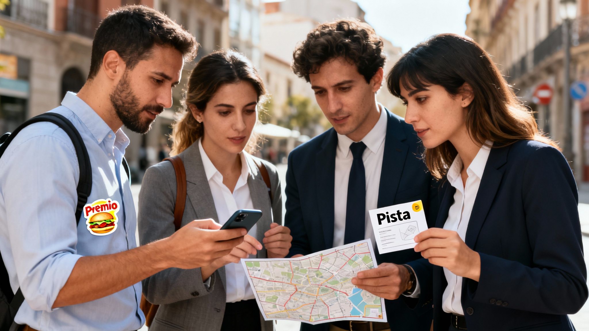 Cuatro amigos en la ciudad, mirando un mapa y una pista, en una actividad de equipo.