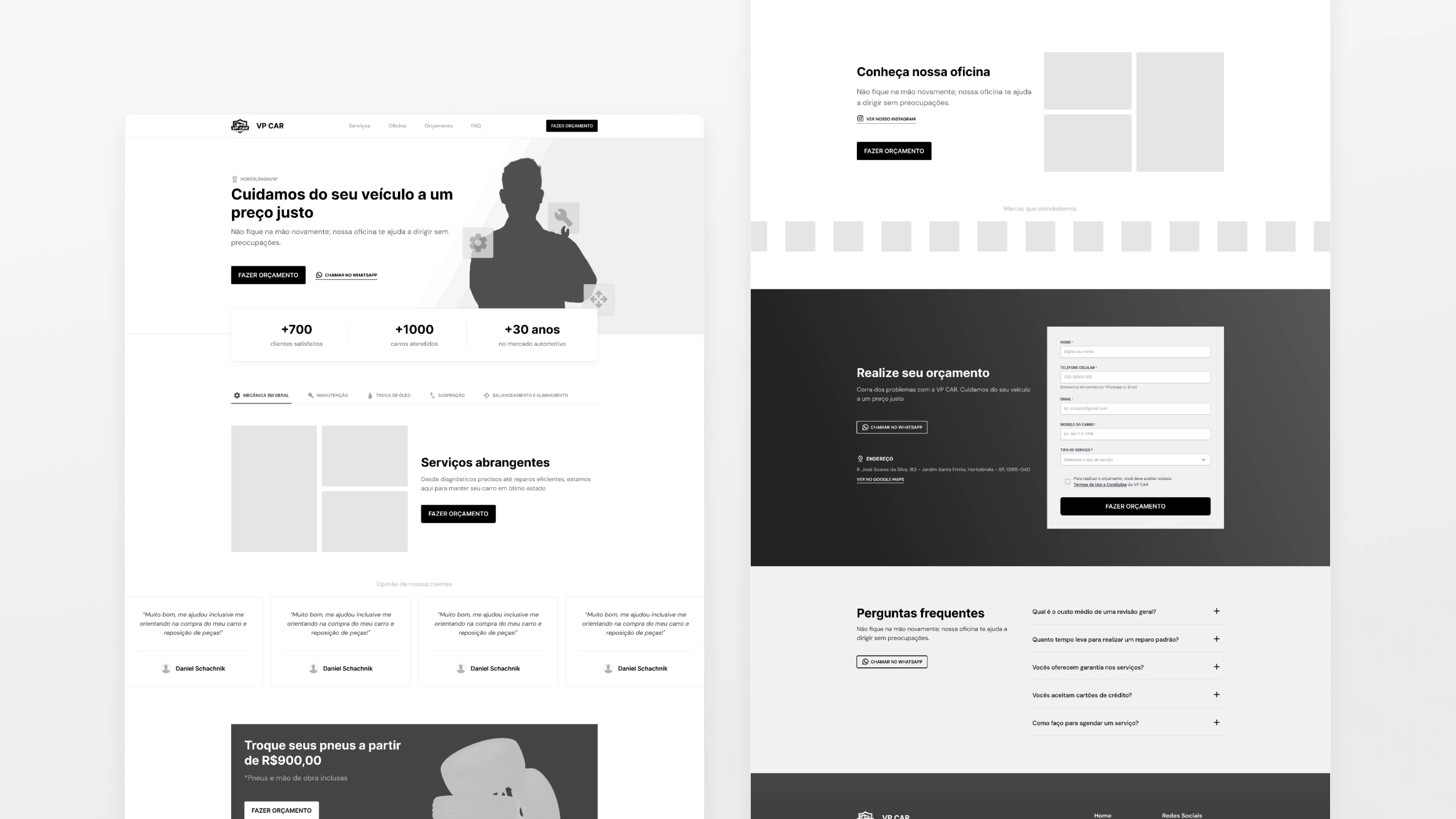 Wireframe of the VP CAR website showcasing sections for services, testimonials, pricing, and a contact form.