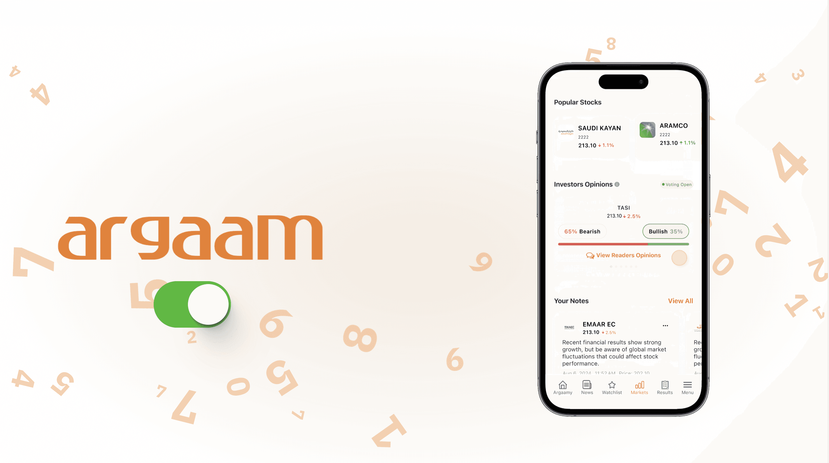 Screenshot of the argaam mobile app