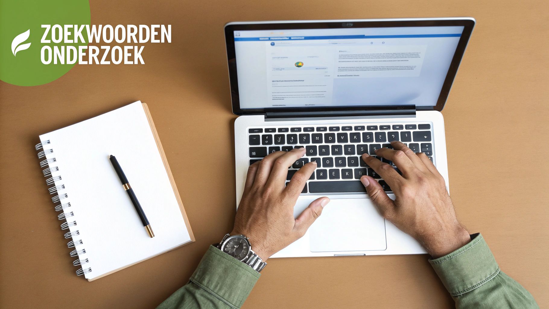 Een persoon typt op een laptop naast een notitieboek en pen, met 'Zoekwoorden Onderzoek' in beeld.