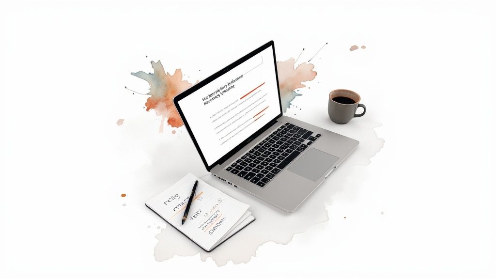 Ordinateur portable affichant un document, tasse de café et carnet avec stylo sur fond blanc éclaboussé d'aquarelle.