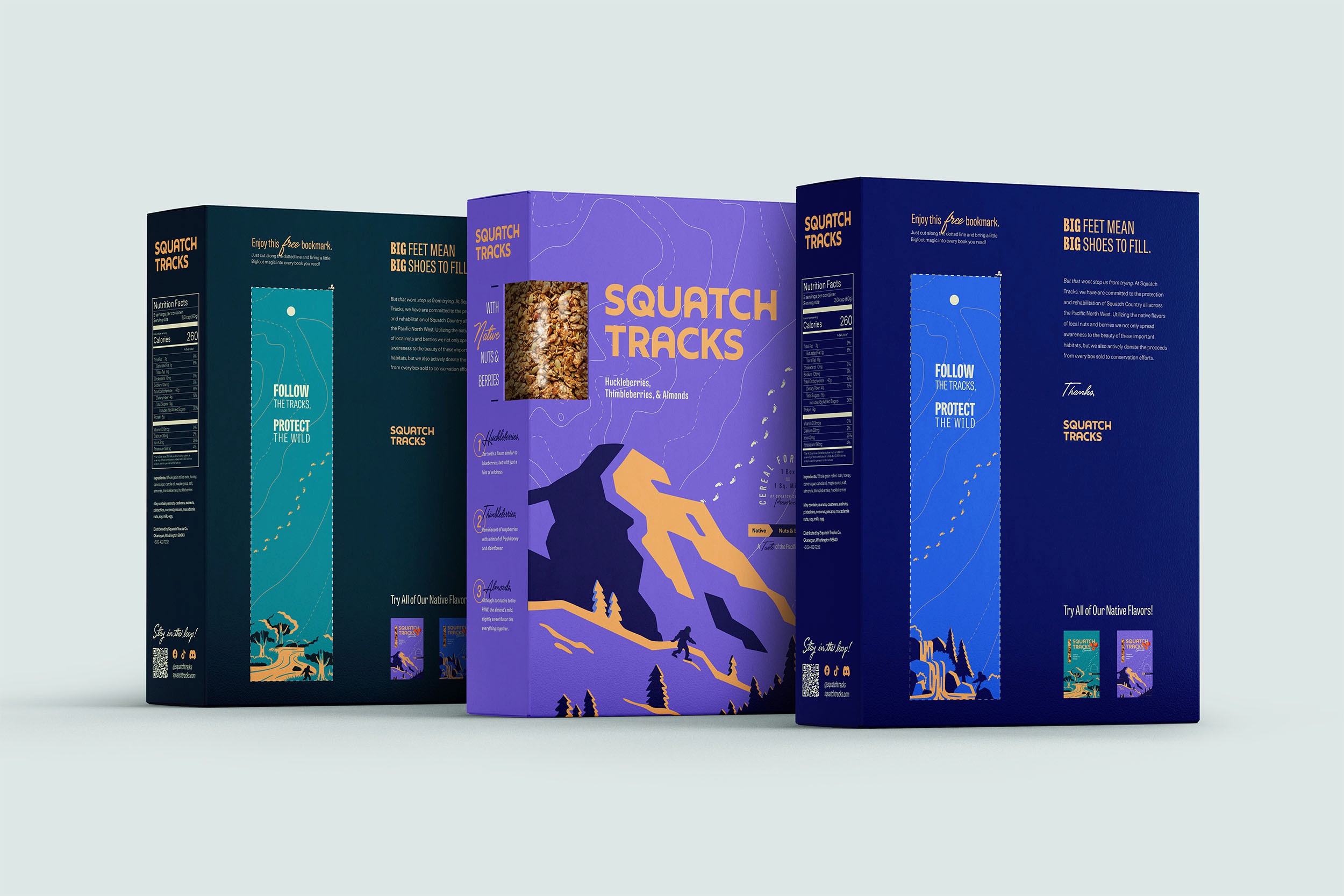 Three cereal boxes, front and back