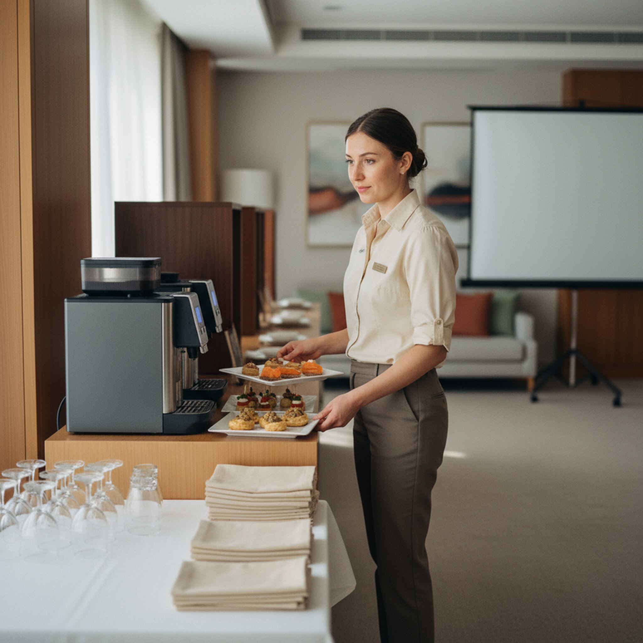Ein Servicemitarbeiter arrangiert kleine Teller mit Canapés neben einer Kaffeemaschine auf einem schmalen Buffet. Auf einem Nebentisch liegen sauber gefaltete Leinentücher und polierte Gläser. Dezent im Hintergrund stehen Präsentationskoffer und eine mobile Leinwand bereit.