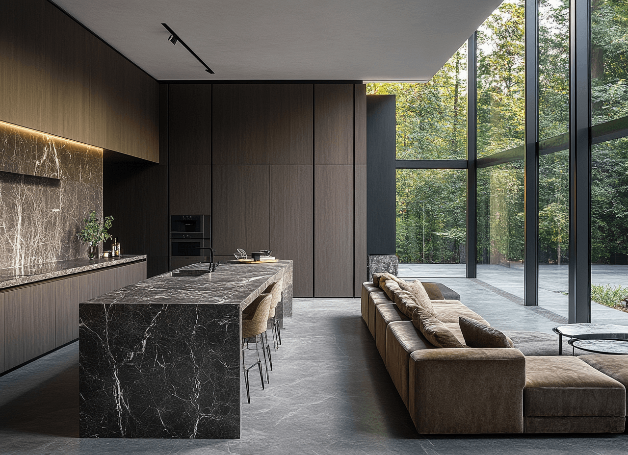 Modern Dark Living Room with Marble Kitchen - Uniiqo Berlin