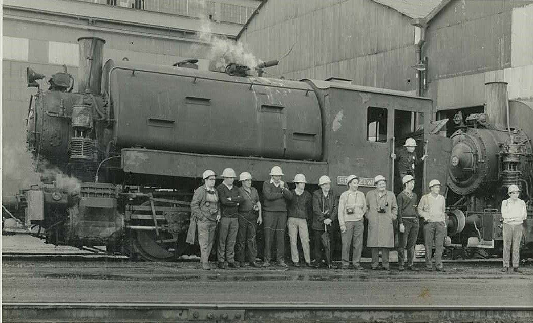 Members of the fledgling Illawarra Group organised a visit to the Port Kembla Steelworks in early 1969 to inspect the eight operating Porter class saddle-tank engines still in operation. This group photo was taken with locomotive Bronzewing, later to be saved by the Illawarra Group for restoration and preservation at Thirlmere. -Keith Roberts