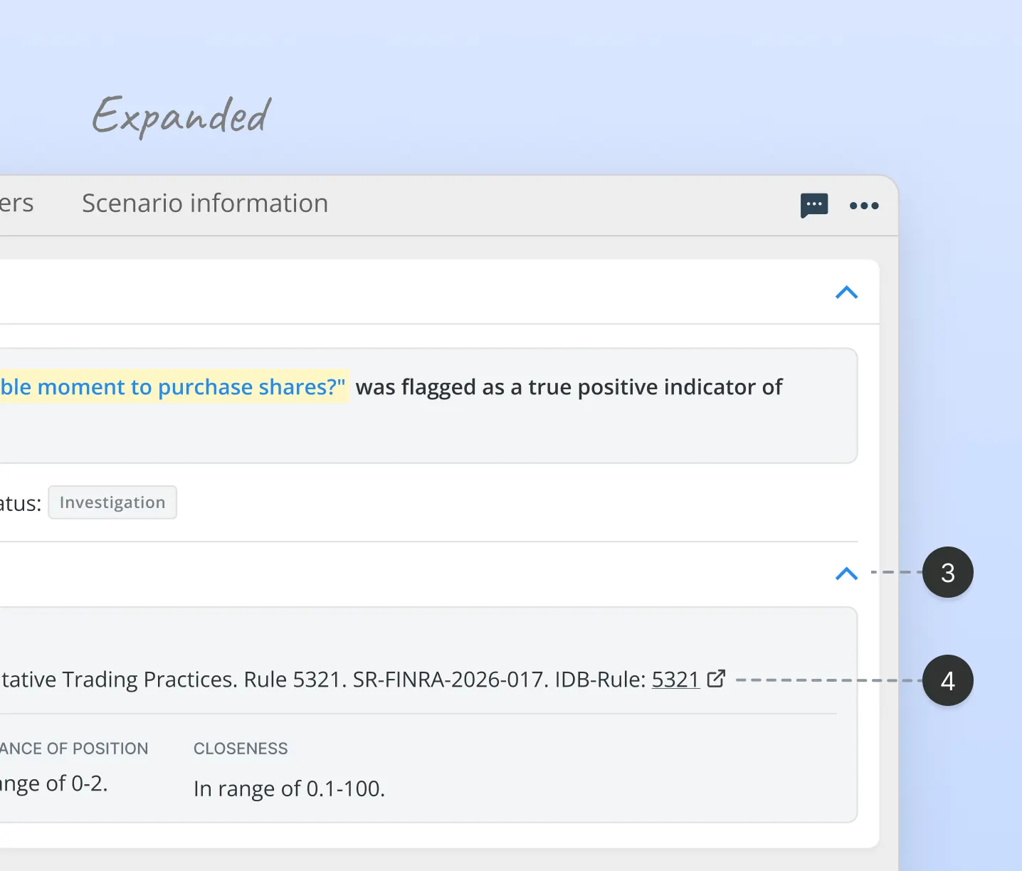 Improved Behavox risk alert justification component, expanded  state. Supporting evidence panel reveals regulatory context  with clean external link replacing raw URL. Secondary metadata  organized in scannable grid. Compliance UX case study by  Yanick, senior product designer.