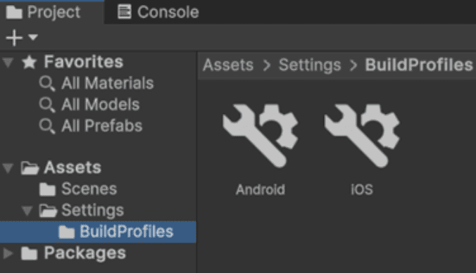 Unity Project window showing Android and iOS build profile assets inside a BuildProfiles folder.