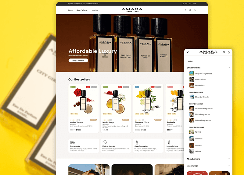 Amara Parfums Shopify website designed and developed by Cache Flow Studio Melbourne