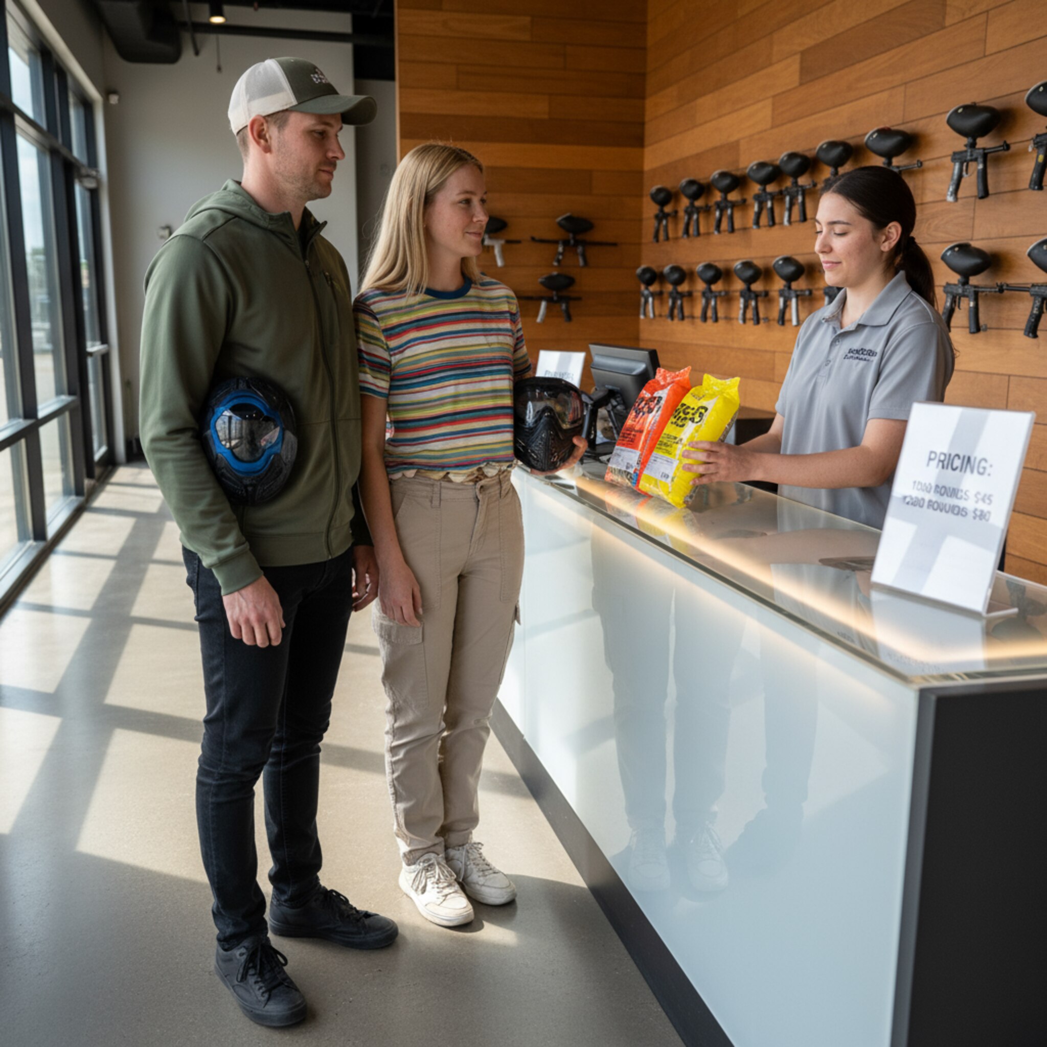 An einem klaren Tresen stehen zwei Freunde mit Masken unterm Arm, ein Mitarbeiter stellt sorgfältig zwei farbmarkierte Paintball-Pakete nebeneinander. Ein leises Nicken, dann wandern die Pakete über die Thekenkante. Die Szene wirkt verbindlich, ruhig und unkompliziert.