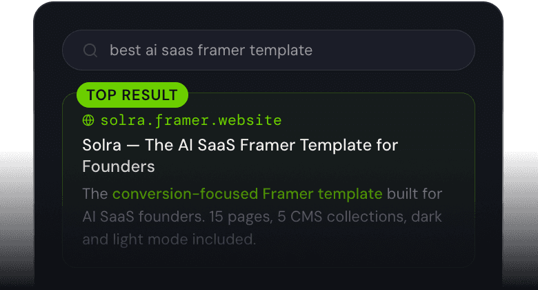 Search results page showing Solra as the top result for AI SaaS Framer template