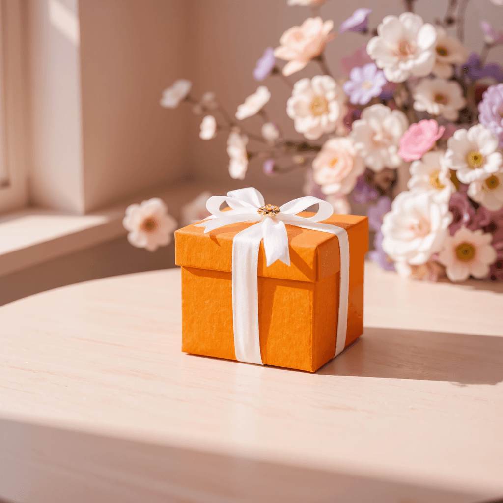 product photography of a gift box wrapped in decorative paper